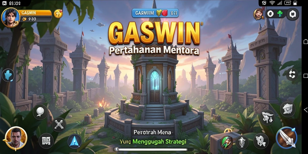 Tampilan gameplay GASWIN dengan aksi menara pertahanan yang dinamis.