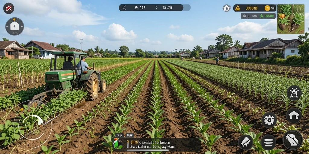 Screenshot utama JKT8 memperlihatkan kegiatan bertani yang seru.