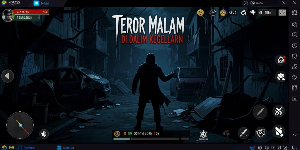 Screenshot gameplay NOX123 yang menampilkan suasana menegangkan dan seram.